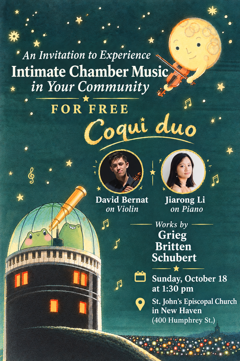 Coqui Duo concert poster: intimate chamber music for free, Sunday October 18 at 1:30 PM, St. John's Episcopal Church, New Haven